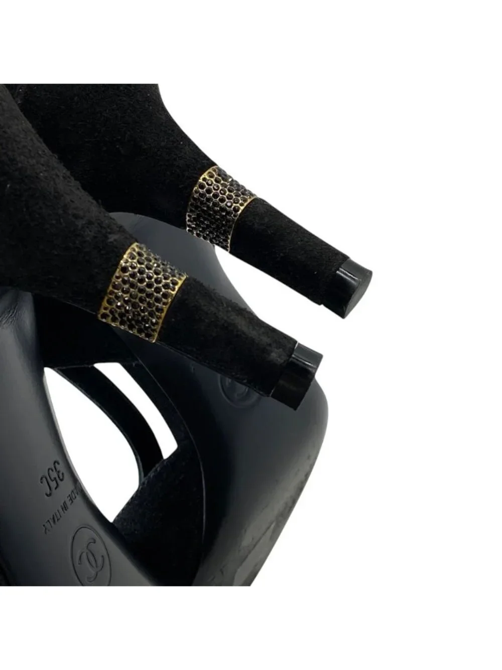Chanel T Strap Pumps CC Logo Suede Leather Black Gold High Quality Daily
